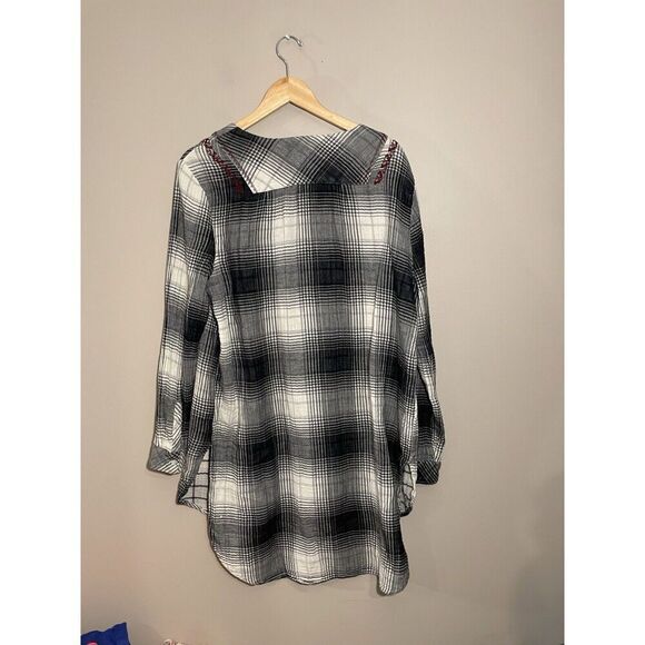 Anthropologie‎ Floreat Embroidered Plaid Long Sleeve Tunic Top Size Large Gauzey - Picture 3 of 6